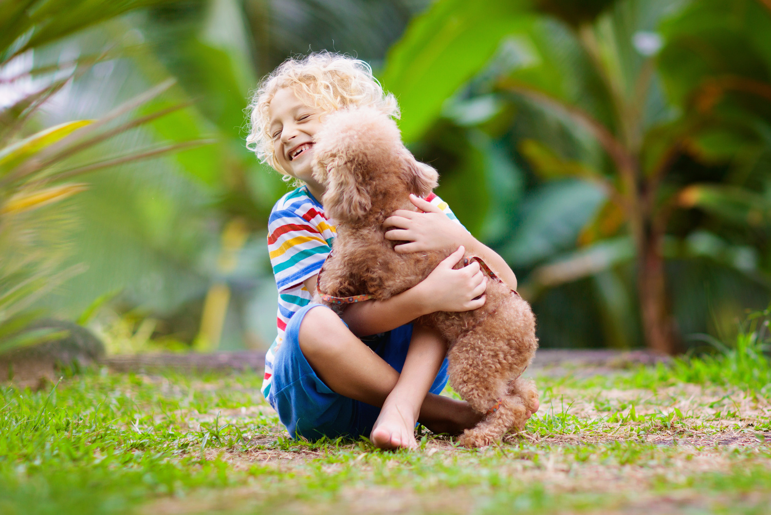 Kids play with puppy. Children and dog in garden.